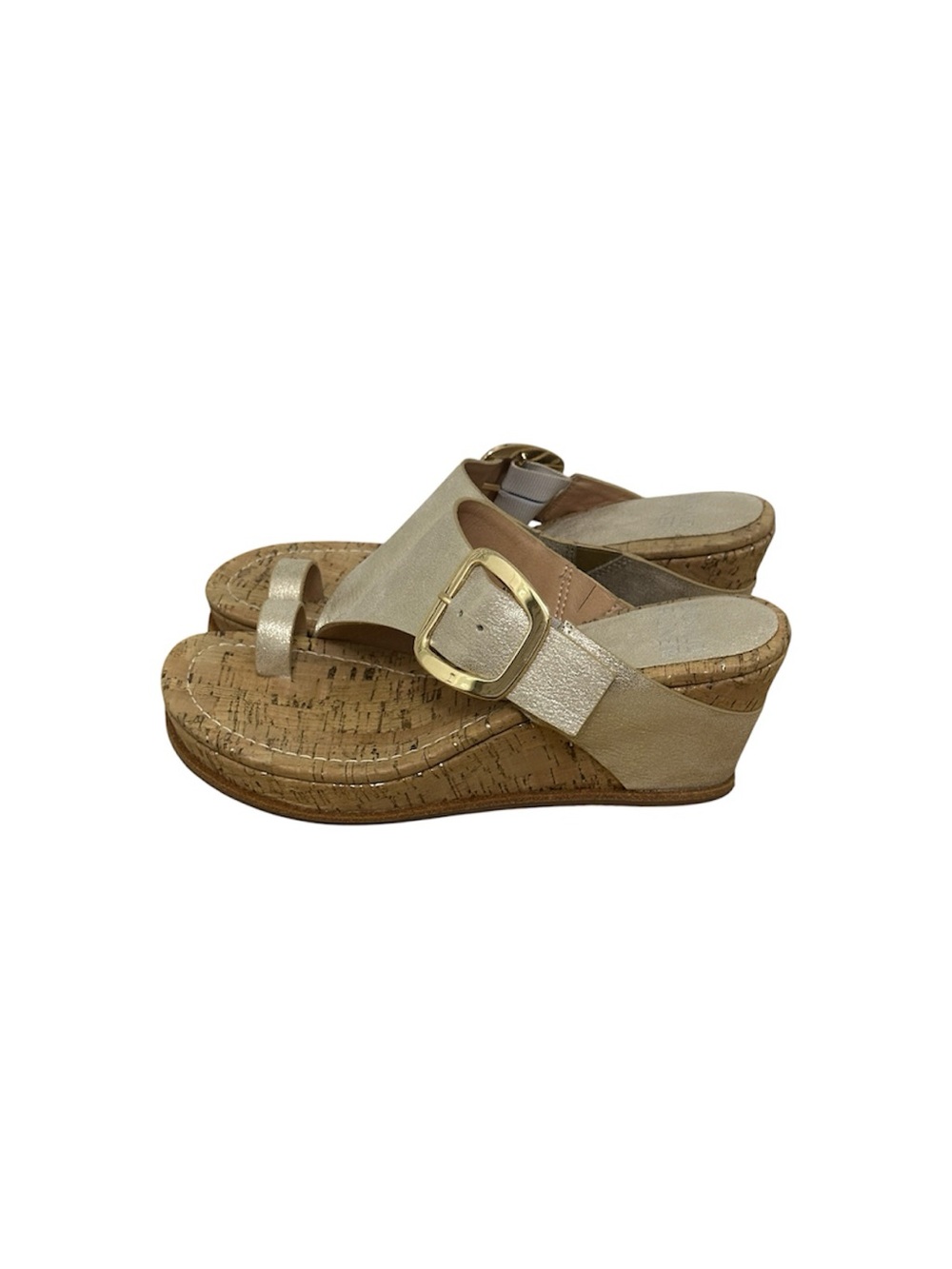 Donald Pliner Gyer Buckle Wedge Sandals | Size 8 | Metallic